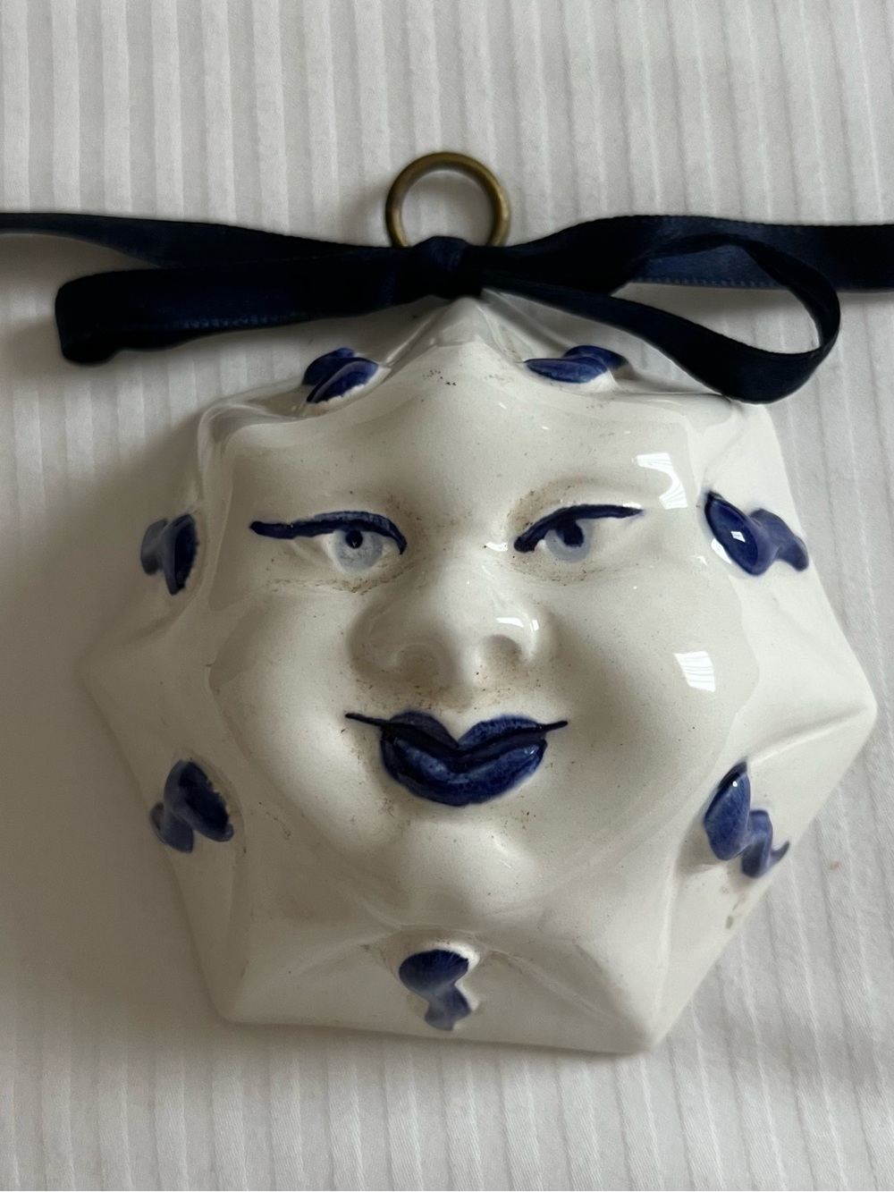 Vintage Italian Ceramic Sun Celestial Face Wall Hanging in White and Navy